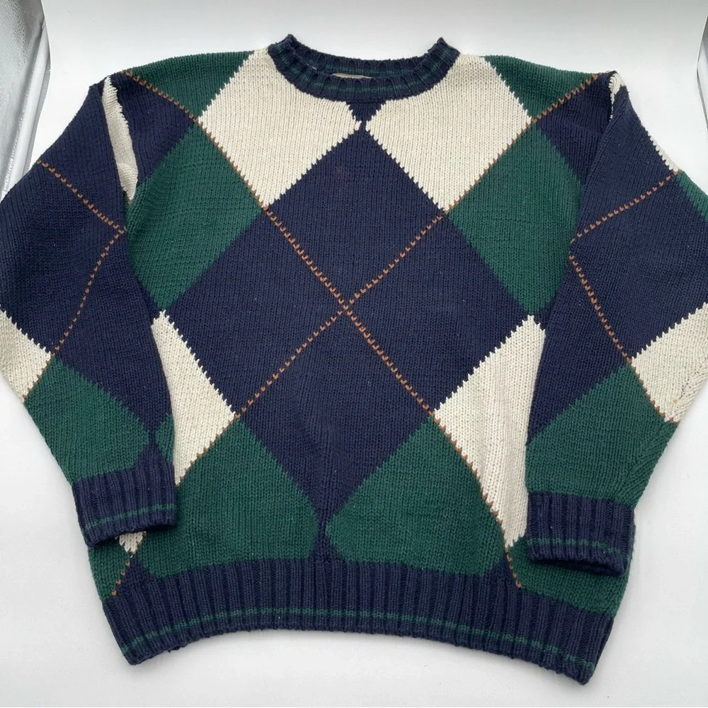 Vintage New River Co 90s Sweater Mens XL X-Large Blue Green Argyle Knit Chunky